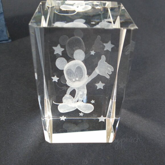 Disney Mickey Mouse 3D Laser Etched Crystal Paperweight Holographic Block Stars - Picture 1 of 14